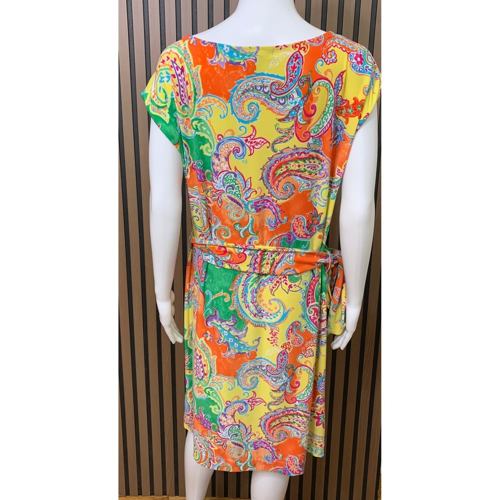 Lauren Ralph Lauren Women's Yellow Orange Paisley Print Belted Sheath Dress L - Picture 3 of 9